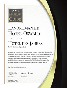 Auszeichnung Der Große Restaurant & Hotel Guide des Hotel Oswald