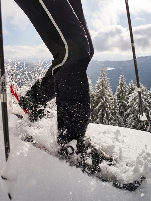 Füße beim Schneeschuhwandern mit Bayerwald-Landschaft im Hintergrund