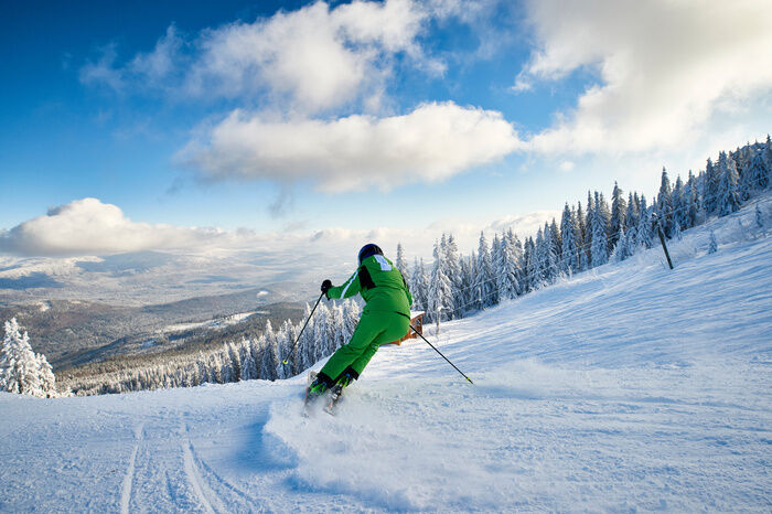 Skifahrer mit Blick auf die verschneite Bayerwald-Landschaft